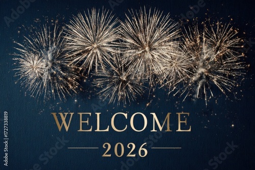 Elegant Welcome 2026 greeting card with gold and silver fireworks on midnight blue background
