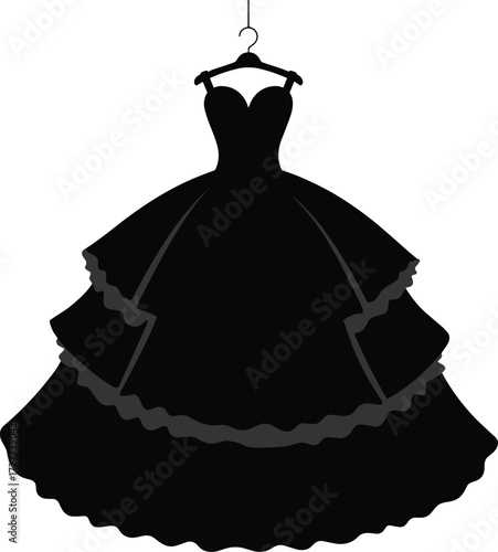 Black silhouette ball gown with sweetheart neckline, ruffled layered skirt, wide straps, elegant fashion illustration on hanger for stock content and design templates