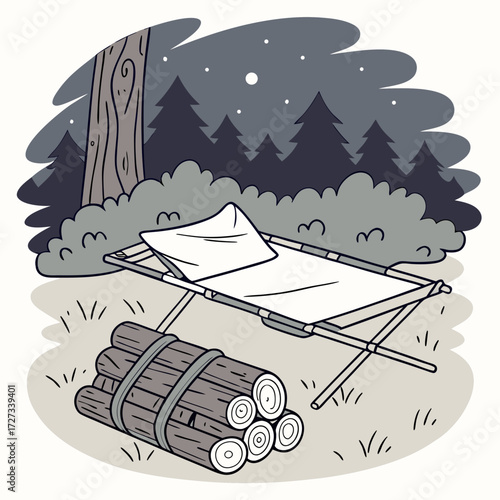 Night Camping Cot Beside Stacked Firewood in Forest