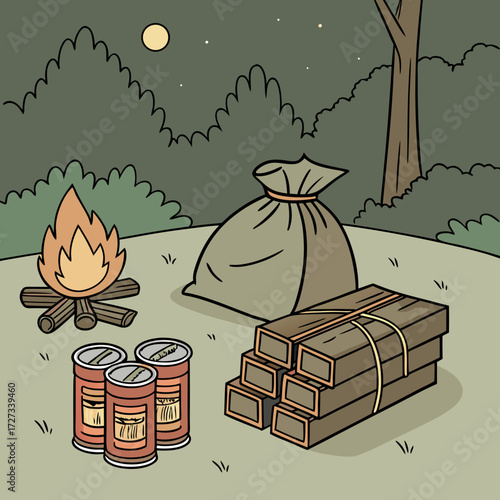 Night Camping Scene with Campfire and Supplies