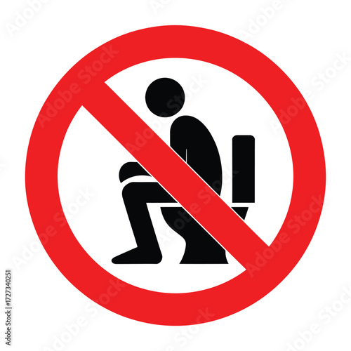 Toilet usage prohibition icon — vector symbol of person sitting on toilet with red crossed circle for public signage and restricted access notice