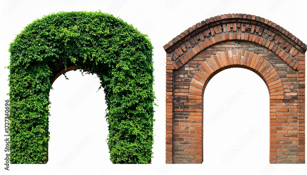 Obraz premium Brick and Vine Archways Garden Entrance, Nature, Architecture
