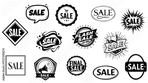 Black and White Vector Sale Badges Set - Minimalist Tag, Sale Labels and Promotional Banners Collection