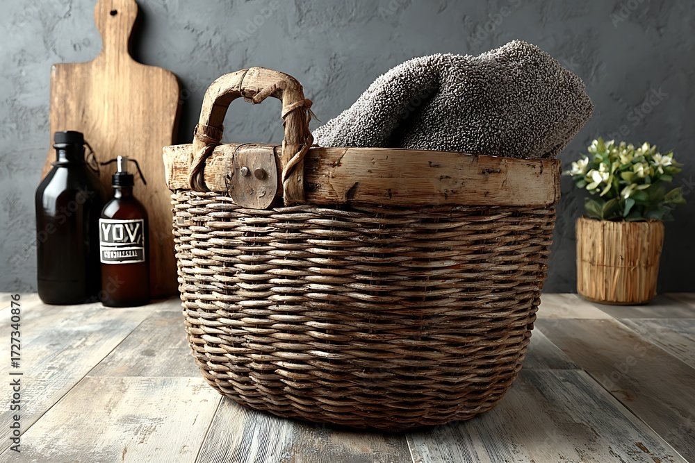 Obraz premium Modern wicker laundry basket decorative utility high resolution picture