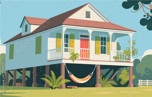 American style rural residential architecture and scenery, vector graphics