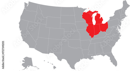 East North Central States Highlighted on Map of USA