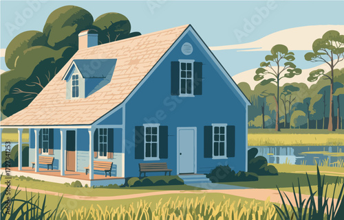American style rural residential architecture and scenery, vector graphics
