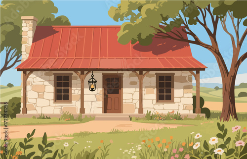 American style rural residential architecture and scenery, vector graphics