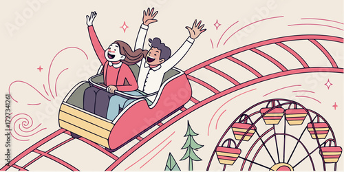 Couple riding a roller coaster in amusement park together