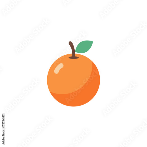 A simple, stylized illustration of a bright orange fruit with a green leaf and a brown stem on a white background.