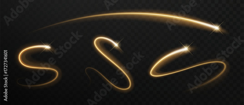 Golden shooting star trail. Sparkling magic dust swirl with flare glow realistic vector effect