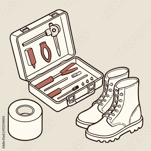 Repair Kit with Boots and Tape: Line Art Illustration