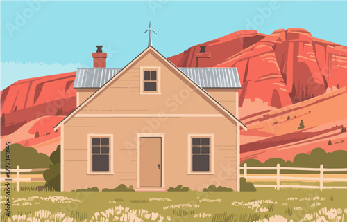 American style rural residential architecture and scenery, vector graphics