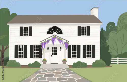 American style rural residential architecture and scenery, vector graphics