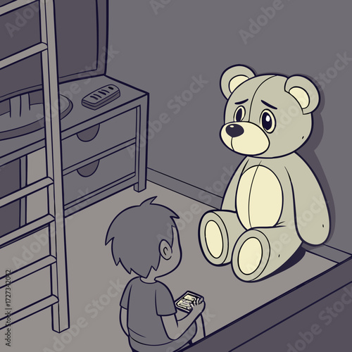 Sad Boy with Teddy Bear in Dimly Lit Room