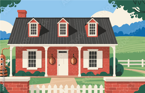 American style rural residential architecture and scenery, vector graphics