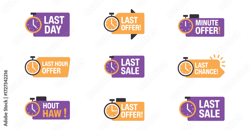 Obraz premium Limited-time offer label set — vector stopwatch icons with urgent text for last chance, final sale, and countdown marketing promotions