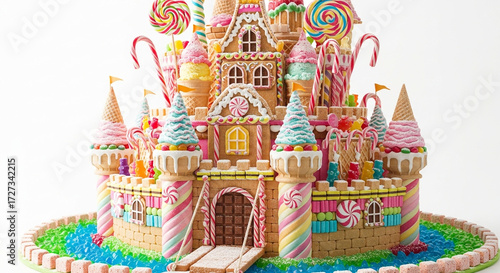 A whimsical gingerbread castle adorned with candy canes, lollipops, and gumdrops stands proudly against a pristine white background isolated on white background