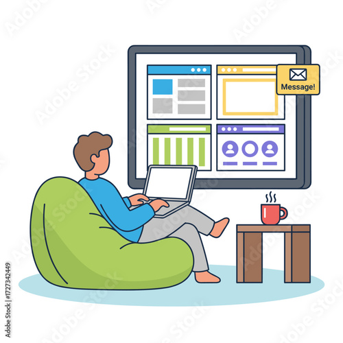 Vector illustration of a web developer linking websites while on a sofa