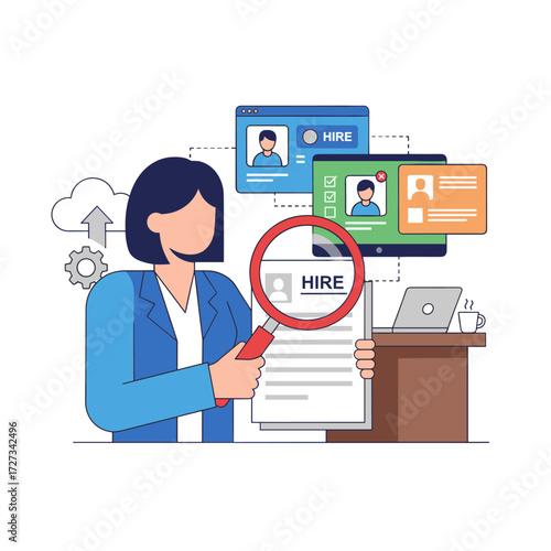 An HR manager examines job candidates with a magnifying glass in a flat vector illustration on a white background