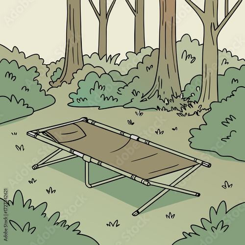 Simple Brown Canvas Cot in a Green Forest Illustration