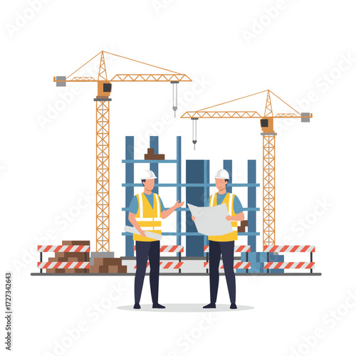 A real estate agent and builder inspecting a construction site