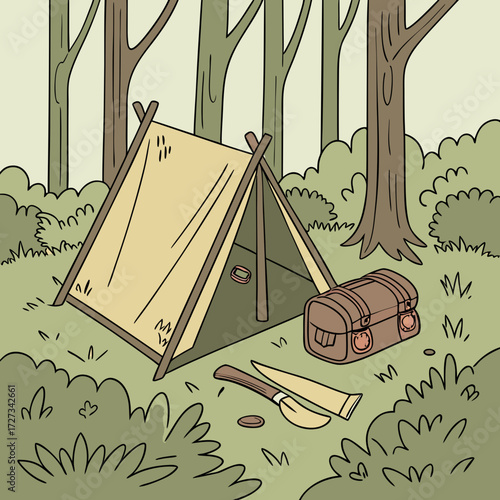 Simple Camping Tent Setup in a Lush Green Forest