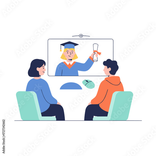 Vector illustration concept of students studying in an online degree program, displayed as a flat illustration on a white background