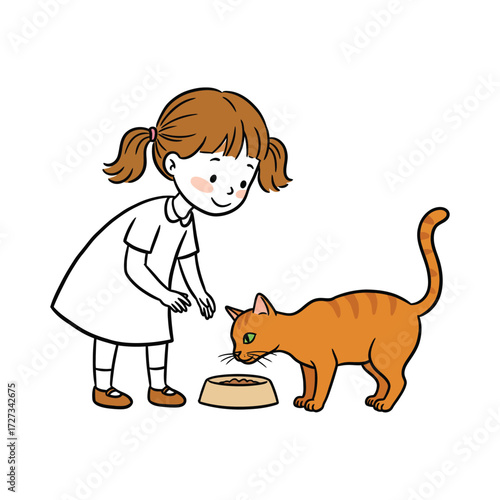 A kind young girl with pigtails lovingly feeds her ginger tabby cat from a bowl.