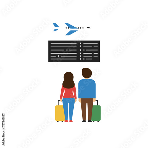 A couple, a man and a woman, wait at the airport for their flight, which has been delayed