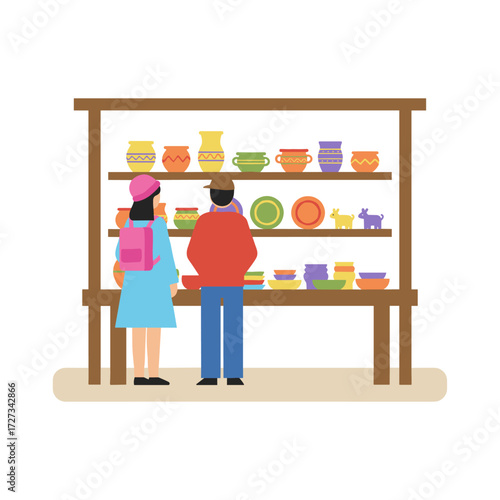 The owner of a souvenir shop sells distinctive gifts and keepsakes to holidaying tourists