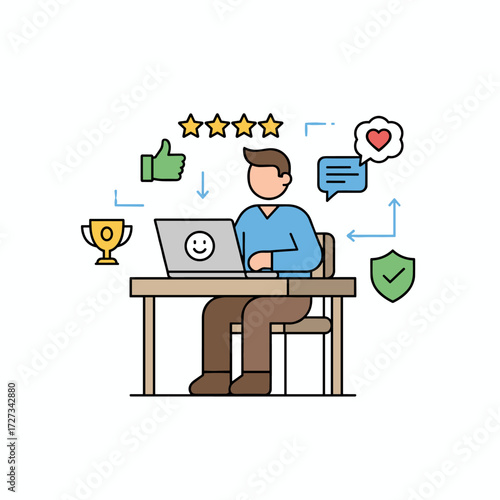 A customer review concept featuring a character, suitable for web banners, infographics, and hero images, presented as a flat vector illustration set against a white background