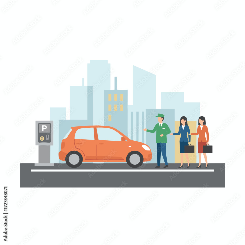 A thriving car dealership entrepreneur selling vehicles to customers, suitable for web banners, infographics, and hero images, rendered in a modern flat-color vector style