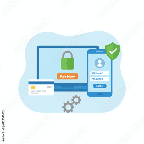Modern flat design concept for a secure payment method banner and website, featuring credit card secure payments for online shopping