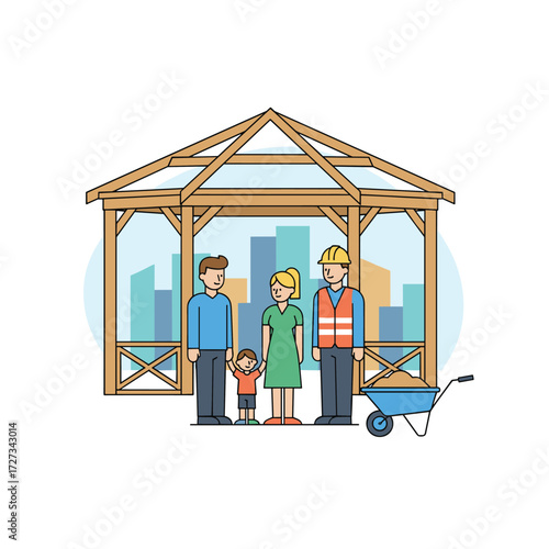 Buyers and builders examining a job site; design a distinctive illustration for a website, app, or presentation