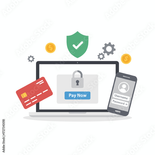 A modern flat design concept for a secure credit card payment method in online shopping banners and websites, ensuring safe purchasing of goods