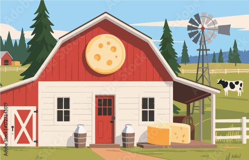 American style rural residential architecture and scenery, vector graphics