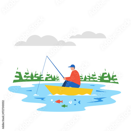 A character-based fishing illustration suitable for web banners, mobile apps, and hero images, rendered as a flat vector on a white background