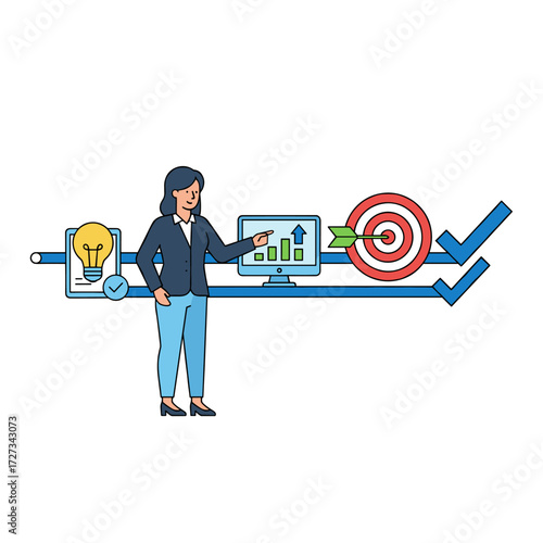 Illustration of project stages featuring a character, suitable for web banners, mobile apps, and hero images, presented as a flat vector on a white background