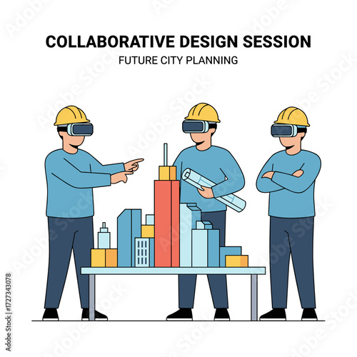 Illustration concept of builders drafting a building plan with VR technology, presented as a flat illustration on a white background