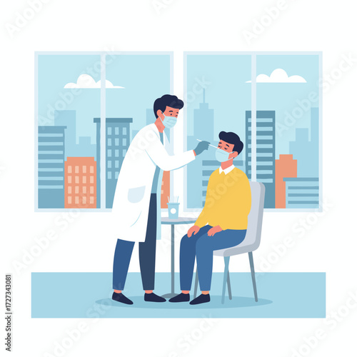 Illustration concept of a doctor administering a coronavirus test to a girl, presented as a flat illustration on a white background