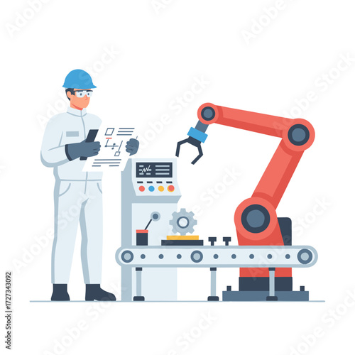 An Asian male technician wearing sterile coveralls uses virtual reality headsets in a semiconductor fabrication plant