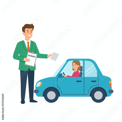 A beautiful young woman in a red car is conversing with a car insurance salesman