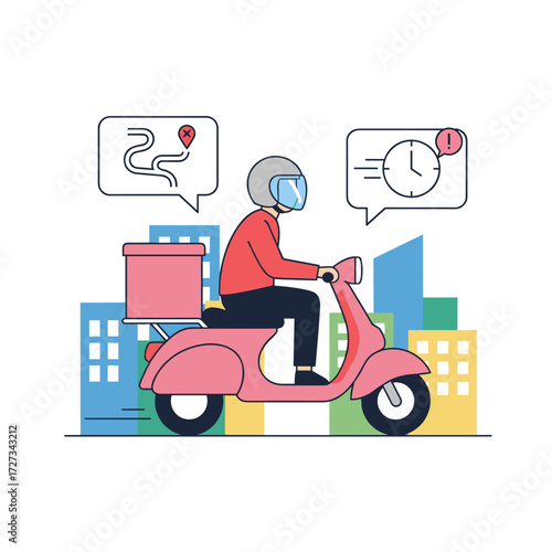 Fast food delivery service: a scooter rider delivers meals across an urban landscape, illustrated as a vector concept of a courier on a bike