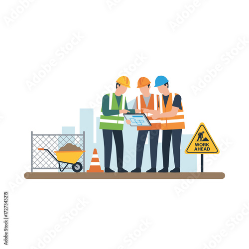 Illustration concept of a construction site engineer performing a routine standup, presented as a flat illustration on a white background