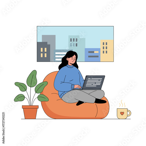 A woman researching on her laptop in a vector illustration