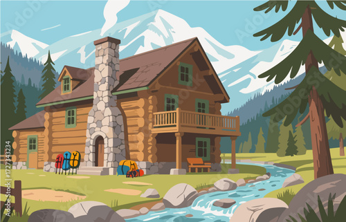 American style rural residential architecture and scenery, vector graphics