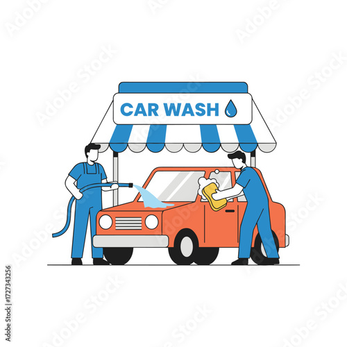 A worker washes a car with a high‑pressure hose at a car station, suitable for web banners, infographics, and hero images, depicted as a flat, modern color vector illustration