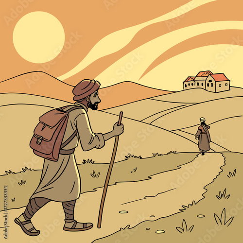 Traveler Walking on a Desert Path Towards Distant Buildings at Sunset