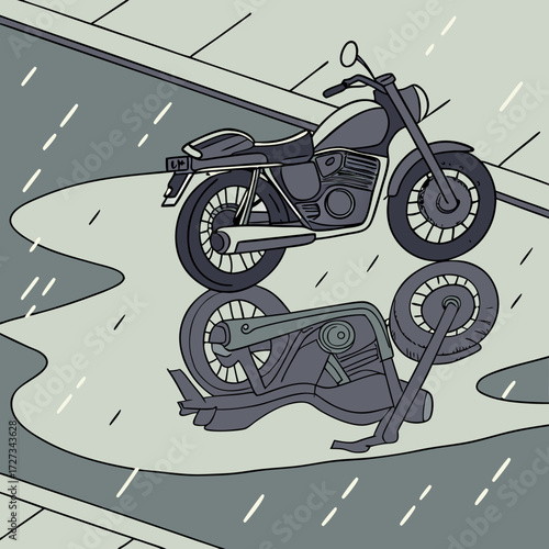 Two Motorcycles in a Puddle During a Rainstorm